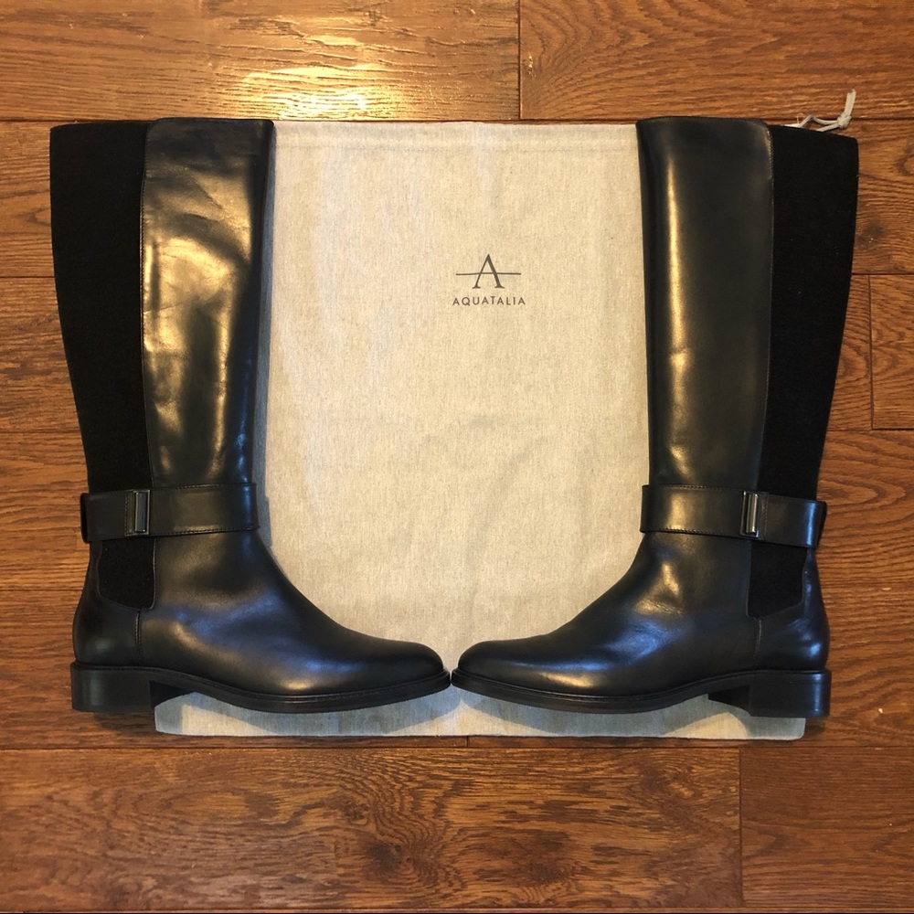 Aquatalia Black Leather & Suede Knee-High Riding Boots
